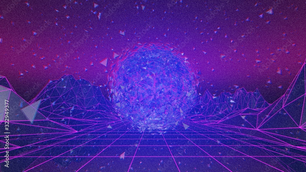 Retro wave style. Virtual landscape with neon illuminated grid and ...