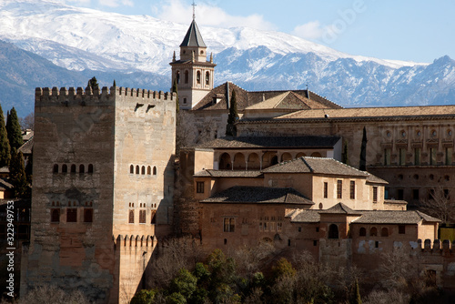 Granada Spain, view of the Alhambra complex with the sierra nevada mountains in the backgrounds in the background