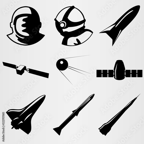Set for the day of cosmonautics. The set includes satellites, rockets, astronauts and shuttles.