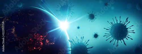 Biology and science. Virus or bacteria cells. Global alert. Epidemic. 3D render illustration. World globe. Elements of this image furnished by NASA.