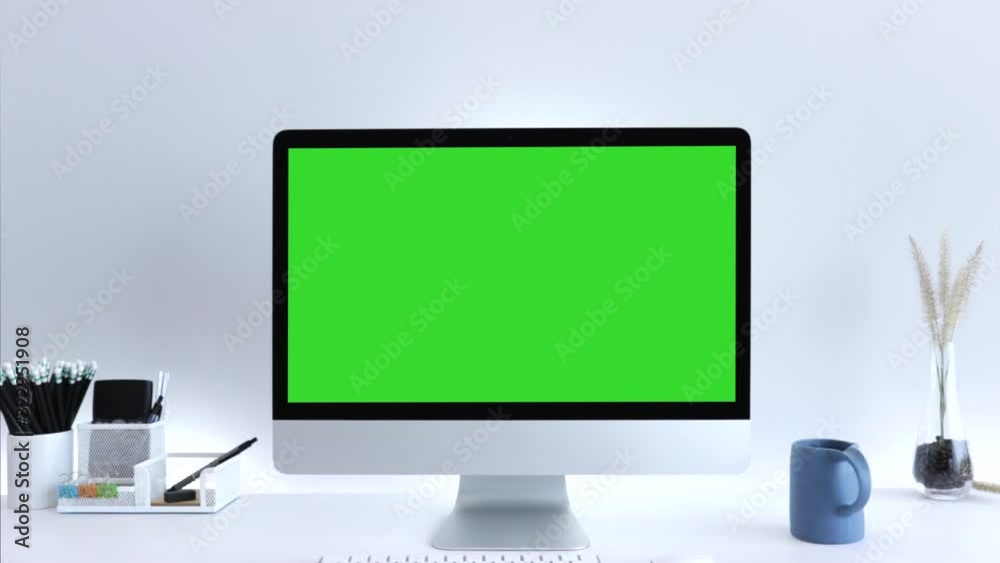 Computer desktop with mock-up green screen white background in office, Zoom shoulder view. Computer desktop with mock-up green screen white background in office, Zoom shoulder view.
