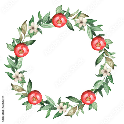 Watercolor wreath with garnets, pomegranate flowers, leaves.