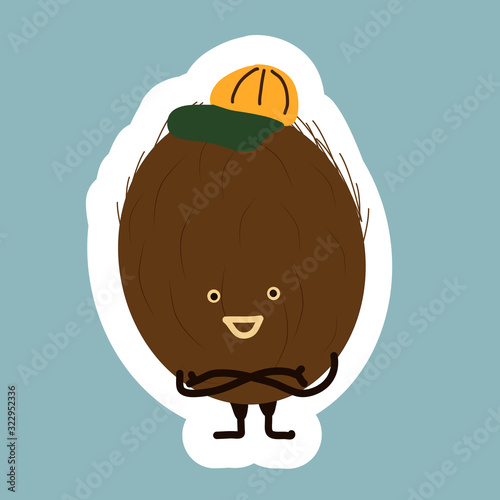 Coconut fruit sticker with Kawaii cute face. Girl with purple bow.