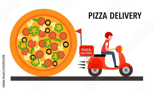 Pizza delivery concept vector illustration on white background. Pizza delivery boy riding red motorbike.