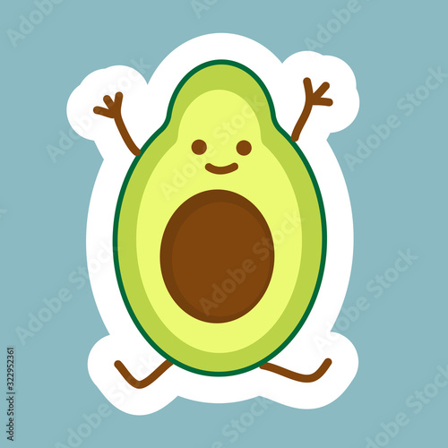 Avocado fruit sticker with Kawaii cute face. Girl with purple bow.