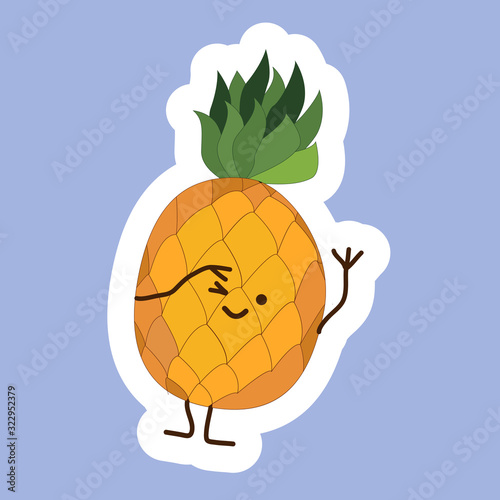 pineapple fruit sticker with Kawaii cute face. Girl with purple bow.