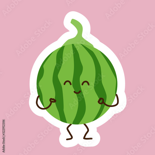 Watermelon fruit sticker with Kawaii cute face. Girl with purple bow.