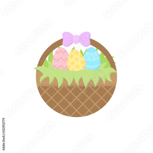 Cute Easter round basket vector illustration. Spring, holiday, circle easter egg hunt symbol. Isolated cartoon graphic icon.