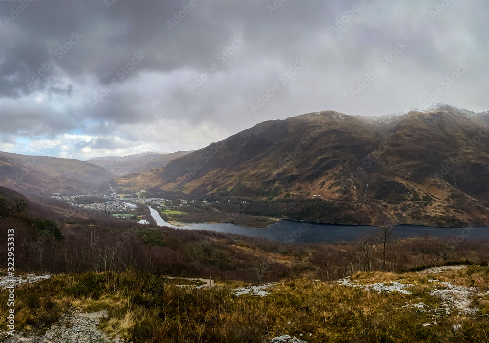 a view of loch leven and kinlochleven in the argyll region of the highlands of scotland shot from the west highland way in winter