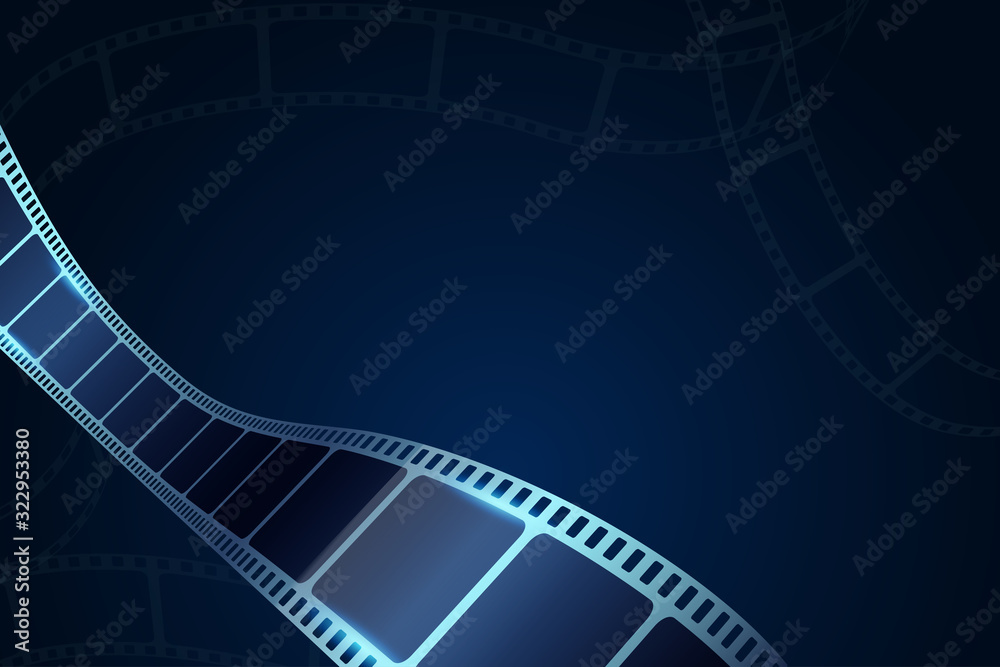 Realistic Cinema Background. 3D film strip in perspective. Vector template cinema festival or presentation with place for text. Movie design for brochure, poster, banner or flyer.Film industry concept