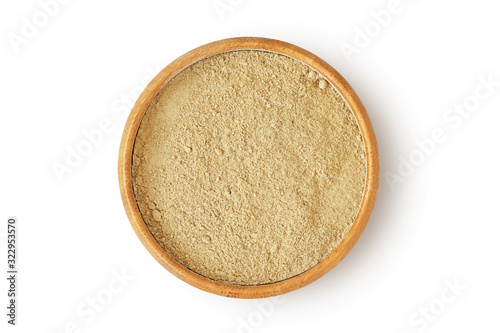 Moroccan rhassoul - ghassoul clay in wooden bowl on white background
