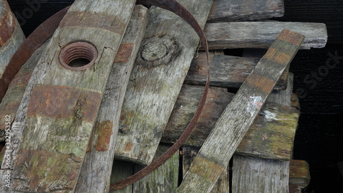 Broken old wooden barrel