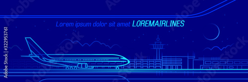 Airport line art graphic neon style illustration. Vector. Text outlined.