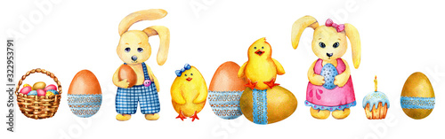 Easter cartoon bunnies, chickens and painted eggs. Hand watercolor illustration isolated on white background. Horizontal border for the design of ribbon, template, postcard, banner, congratulation.