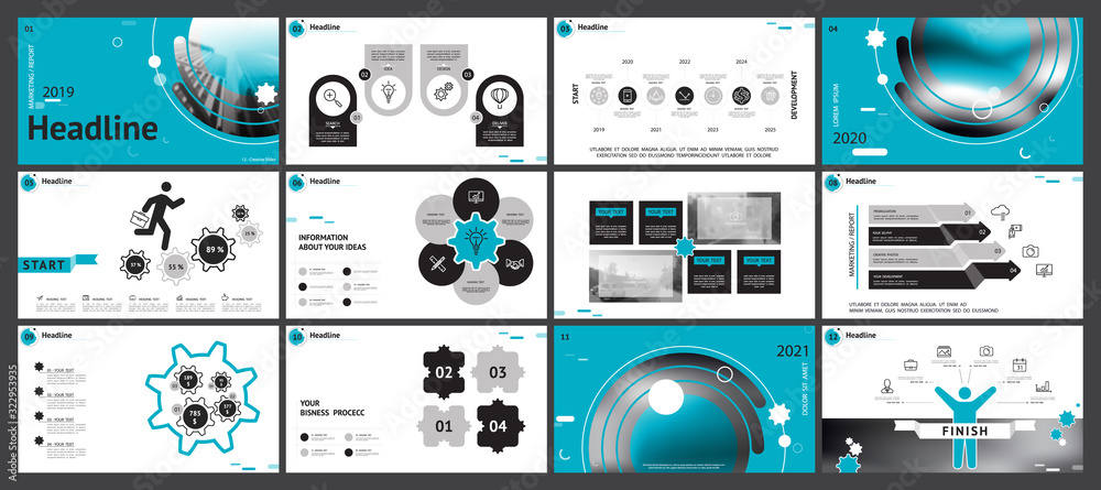 Business presentation template, blue and black infographic elements on ...