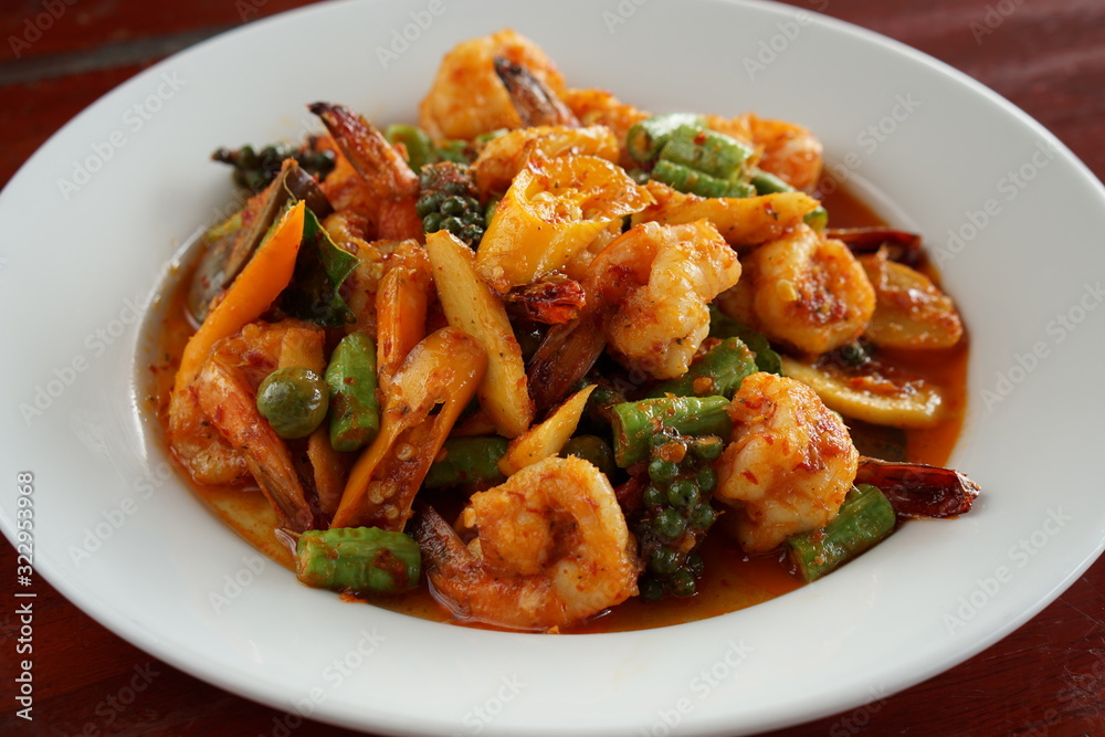 ANGLE VIEW OF FRIED CHILLI CURRY PAST WITH PRAWNS,Thai Food style,local food ANGLE VIEW OF FRIED CHILLI CURRY PAST WITH PRAWNS,Thai Food style,local food