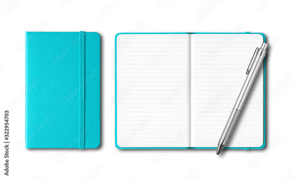 Aqua blue closed and open notebooks with a pen isolated on white Aqua blue closed and open notebooks with a pen isolated on white