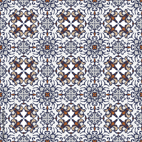 Creative color abstract geometric pattern in white, red and blue, vector seamless, can be used for printing onto fabric, interior, design, textile, pillow, carpet.