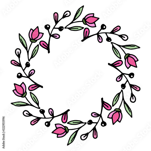 Colored vector illustration of floral frame. Rustic. Hand drawn simple line. Black stroke. Isolated on white background. Brush.