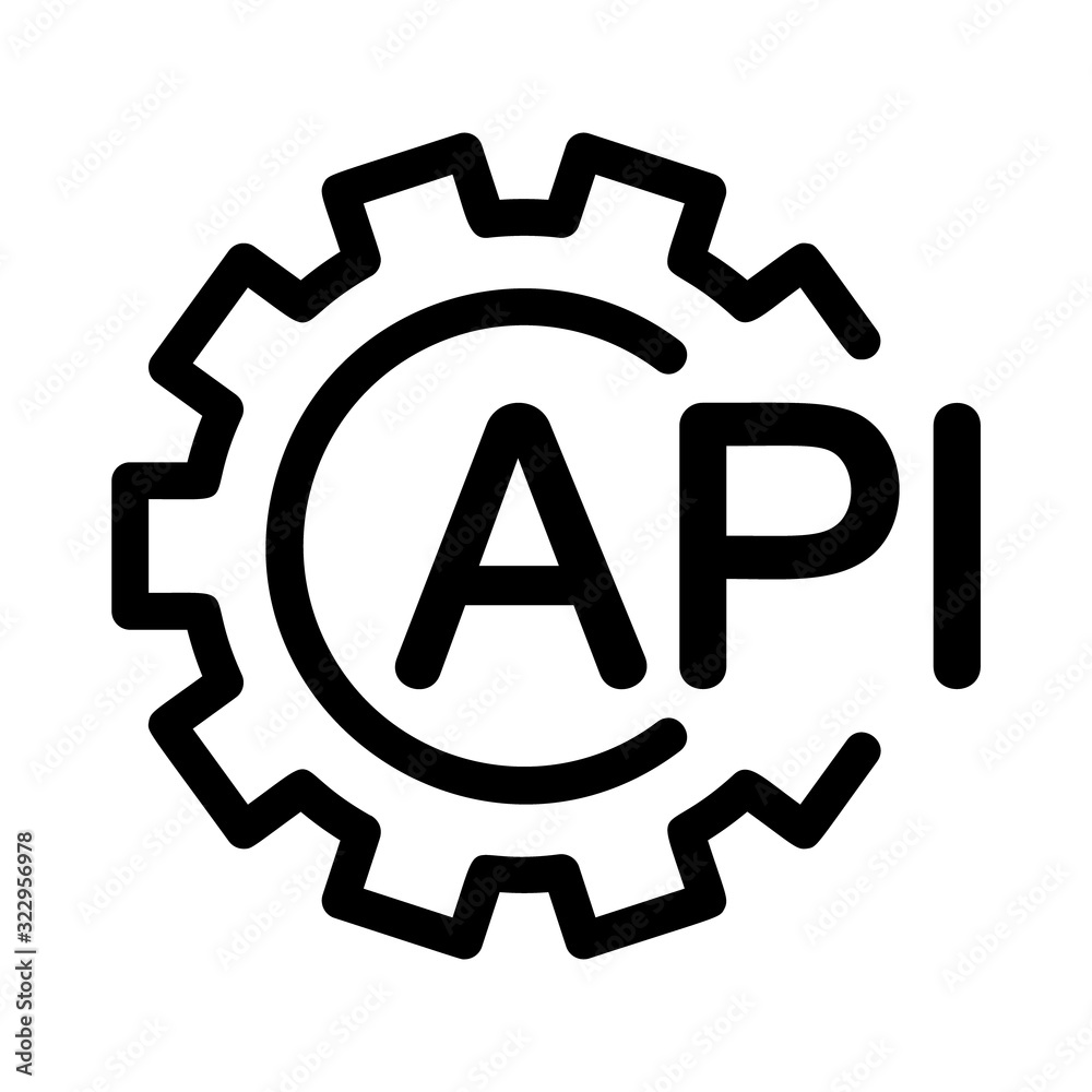 API with gear icon. Linear template for software logo. Black simple ...