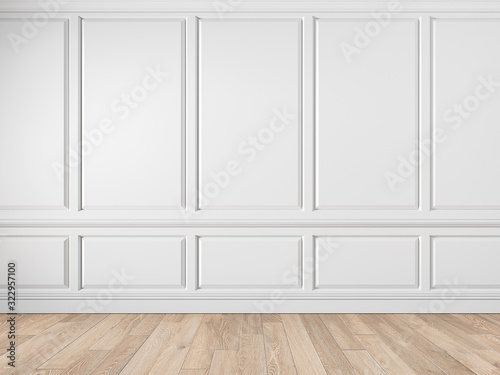 Modern classic white empty interior with wall panels  molding and wooden floor. 3d render illustration mock up.