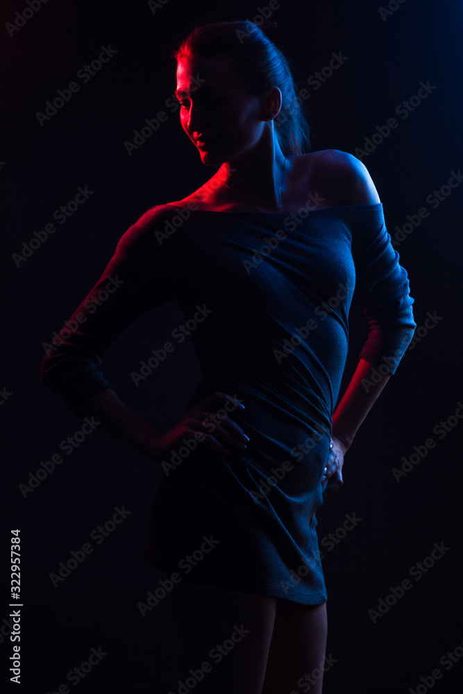 Fashionable Artistic Portrait Of A Beautiful Female Model In Bright Lights