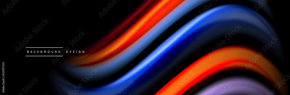 Silk and smooth flow wave poster design. Color waves, liquid style lines and shapes in black color background