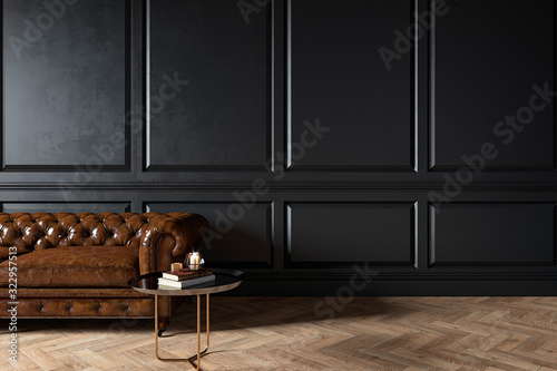 Modern classic black interior with capitone chester leather brown sofa, coffee table, wood floor, mouldings. 3d render interior mock up. photo