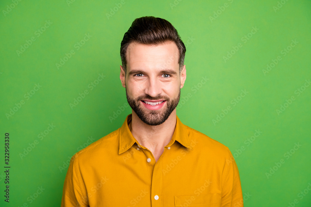 Close-up portrait of his he nice attractive cheerful cheery bearded brown-haired guy wearing casual formal shirt isolated on bright vivid shine vibrant green color background Close-up portrait of his he nice attractive cheerful cheery bearded brown-haired guy wearing casual formal shirt isolated on bright vivid shine vibrant green color background