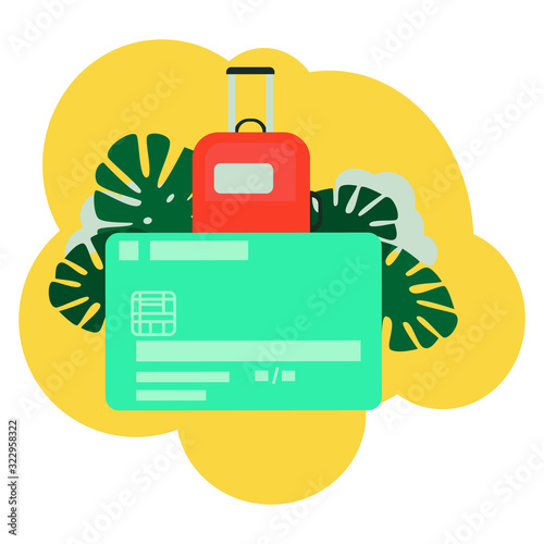 Flat style credit card. Vector illustration with suitcase and leaves of monstera,credit card for travel. Concept of ancillary services in the banking sector.