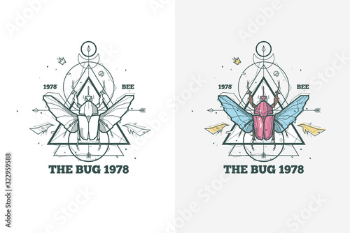 Vintage insect bug illustration with sacred geometry and lettering