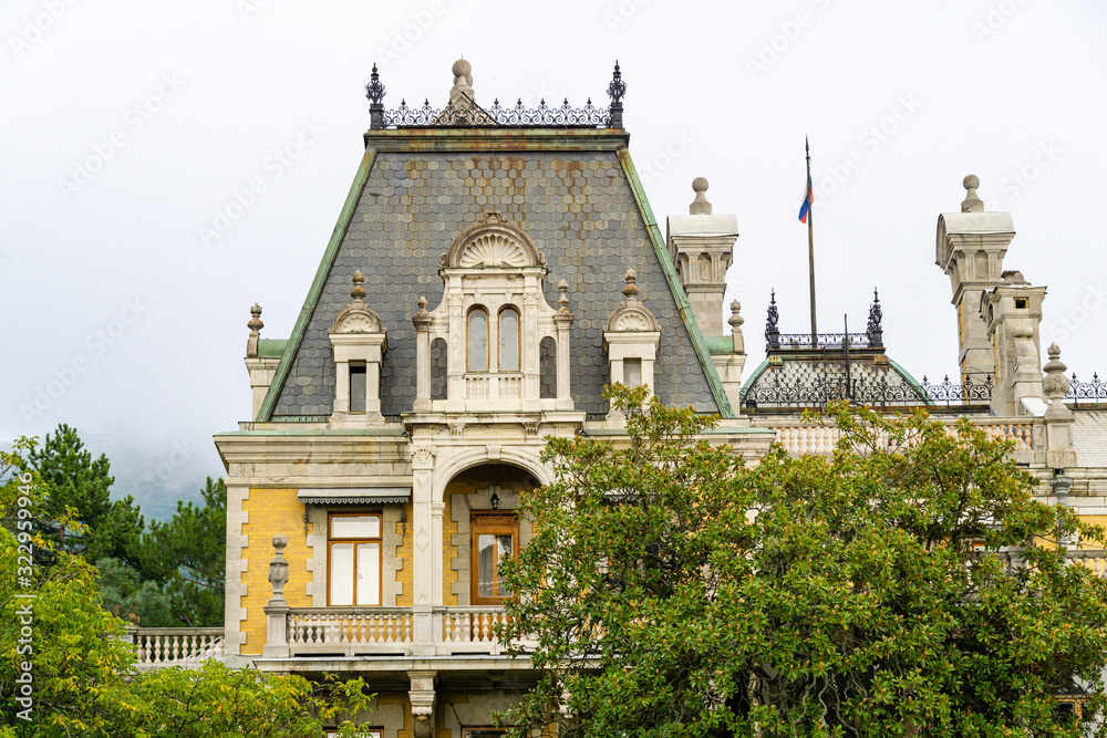 Massandra palace of Alexander III in Crimea. Elegant palace for Russian Emperor is architectural monument of the end XIX century in Upper Massandra. Yalta, Crimea, Russia - September  2019