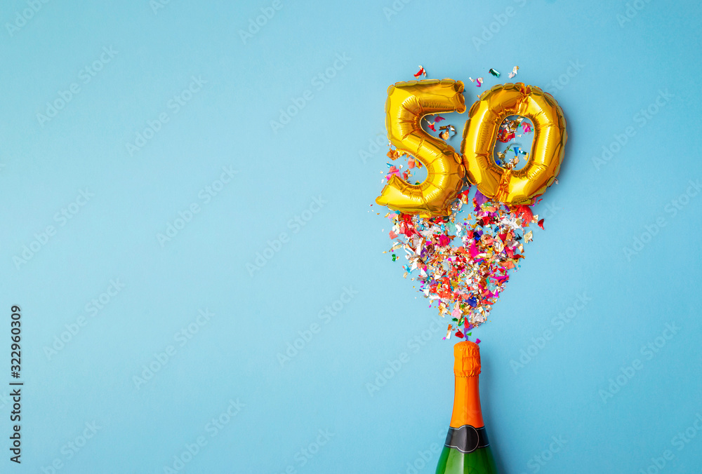 50th anniversary champagne bottle balloon pop - obrazy, fototapety, plakaty 