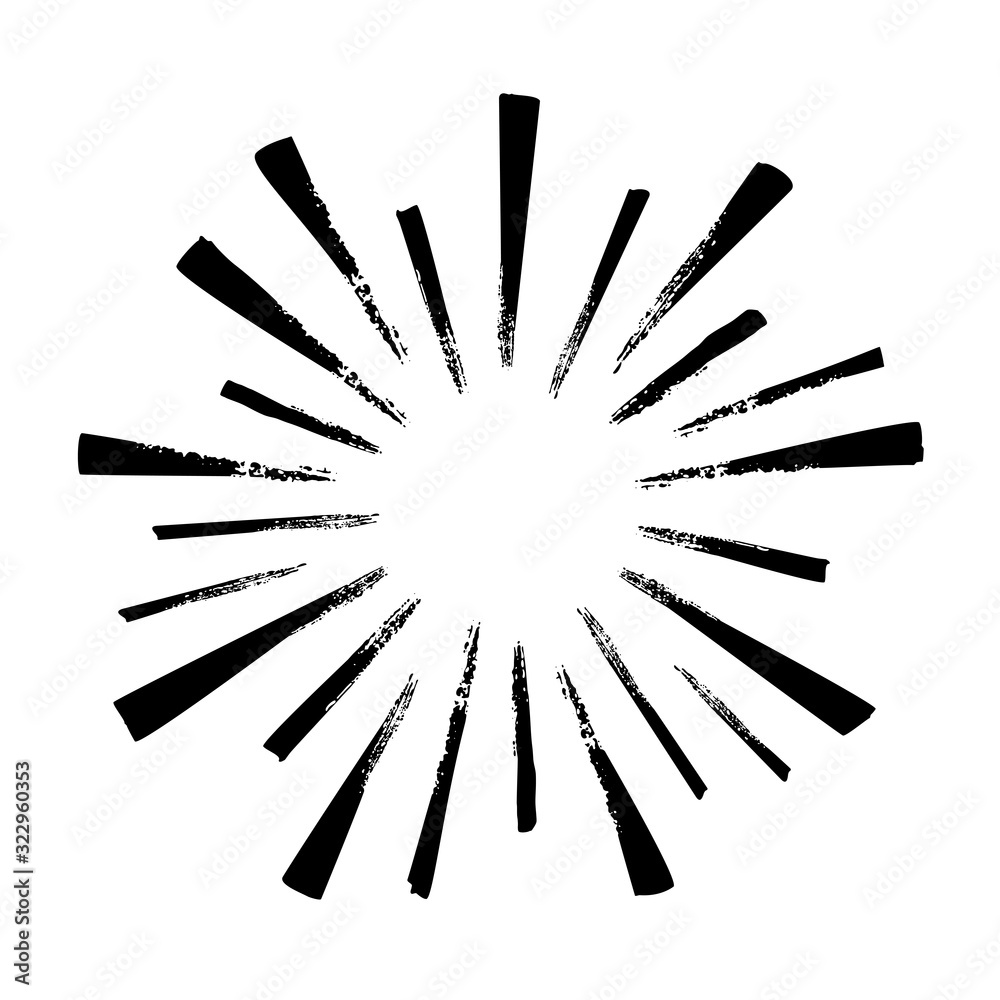 Black hand drawn rays of firework isolated on white background. Vintage sunburst explosion. Black hand drawn rays of firework isolated on white background. Vintage sunburst explosion.
