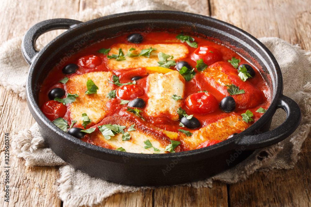 Hot appetizer of Halloumi with vegetables in tomato sauce close-up in a pan. horizontal