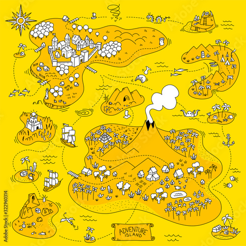 Adventure island map. Board game. Fantasy area game. Pirates, sea monsters, mountains and medieval city. Cartoon vector yellow white and black line.