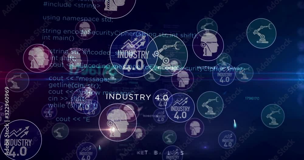 Industry 4.0, innovation, cyber technology, business, automate, artificial intelligence symbols 3d rendering abstract concept animation. Cyber icons loopable seamless futuristic digital background.