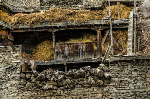 Old houses in Bhraka (Braga) village. Marshyangdi river valley, Annapurna circuit trek, Nepal. photo