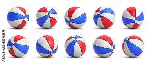 Set of tricolor basketball balls with leather texture in different positions. Realistic vector illustration