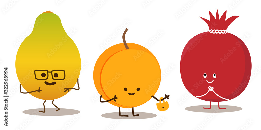 Obraz pomegranate, peach and papaya. set of cartoon tropical fruit characters in kawaii style,