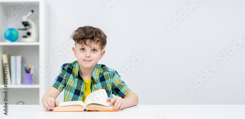 Smart boy sits with a book at home. Empty space for text