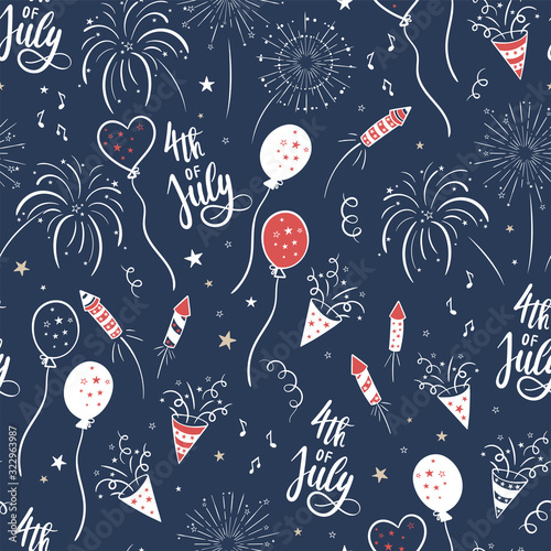 Fun hand drawn 4th July party seamless pattern, great for banners, wallpapers, textiles, wrapping, cards - vector design