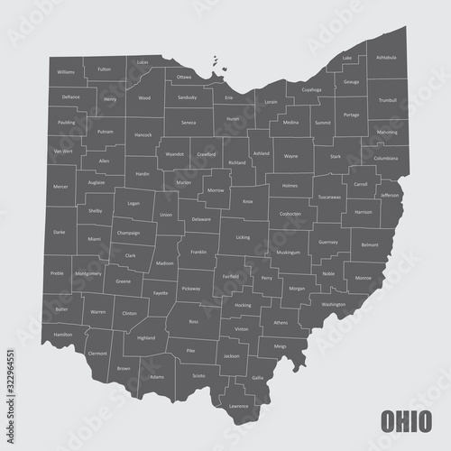 A map of the Ohio State and its counties with labels