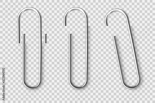Realistic tilted metal paper clip. Page holder, binder. Vector illustration. photo