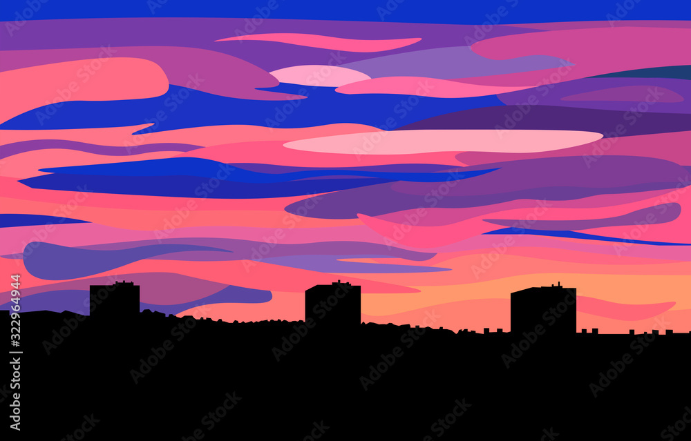 Urban skyline at sunset. Dark silhouettes of city buildings. Pink clouds.