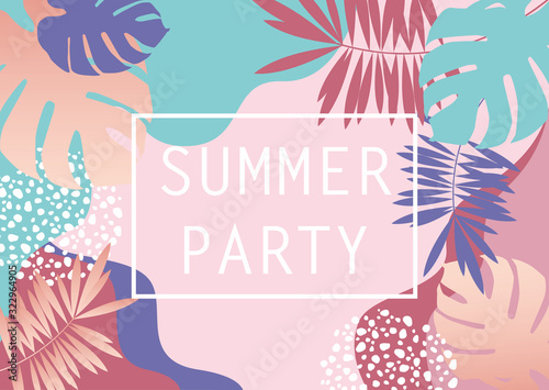 Pastel pink and blue tropical summer beach party invitation card background with monstera and palm leaves