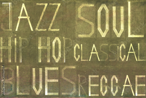 Musical genres on textured background. Useful design element.