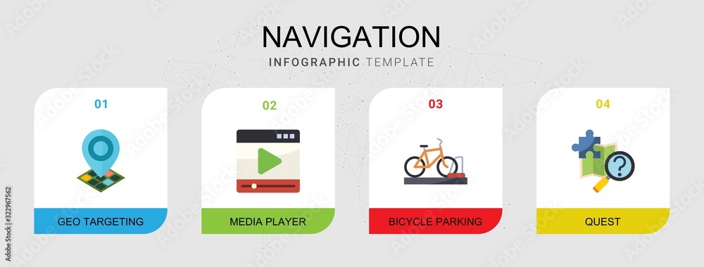 4 navigation flat icons set isolated on infographic template. Icons set with Geo Targeting, media player, bicycle parking, quest icons.
