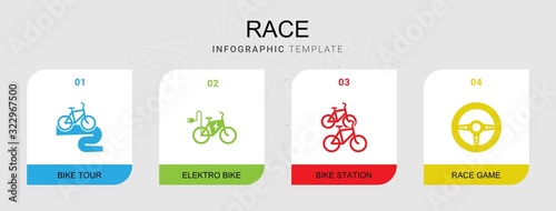 4 race filled icons set isolated on infographic template. Icons set with Bike tour, elektro bike, bike station, Race game icons.
