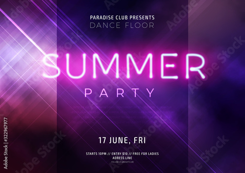 Dark purple neon party flyer with copy space. Modern blurs and gradients. Vector illustration.